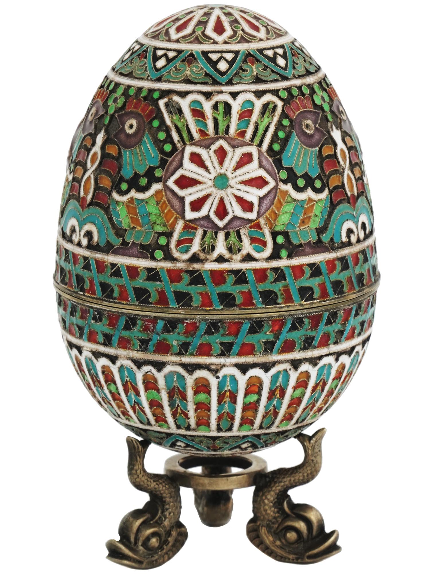 RUSSIAN 84 SILVER ENAMEL EASTER EGG ON A STAND PIC-0